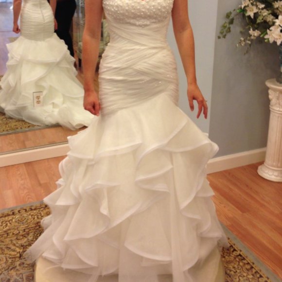 SAMPLE Ivory Wedding Dress, Sexy Blingy Ruffle Strapless Mermaid Fit & Flare - Picture 3 of 6